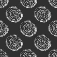 Hand drawn vintage seamless pattern of cinnamon rolls with icing in engraving sketch style on chalkboard background vector