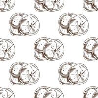 Hand drawn vintage seamless pattern of rustic bread rolls in engraving sketch style in brown monochrome ink vector
