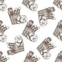 Hand drawn vintage seamless pattern of bread basket with baguettes, buns and wheat in engraving sketch style vector