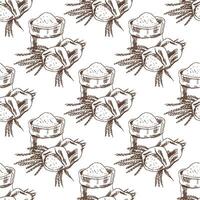 Hand-drawn seamless pattern of flour sack with wheat spikes in engraving sketch style in brown ink vector