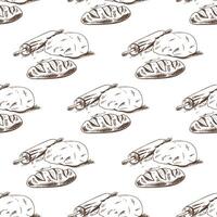 Hand drawn vintage seamless pattern of bread loaf with dough and rolling pin in engraving sketch style vector