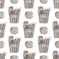 Hand drawn vintage seamless pattern of bakery basket with baguettes and wheat in engraving sketch style vector