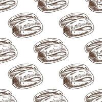 Hand drawn seamless pattern of oval sandwich bread rolls in engraving sketch style in brown ink vector