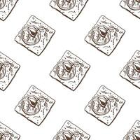 Hand drawn vintage seamless pattern of square cookies with jam filling in engraving sketch style in brown ink vector