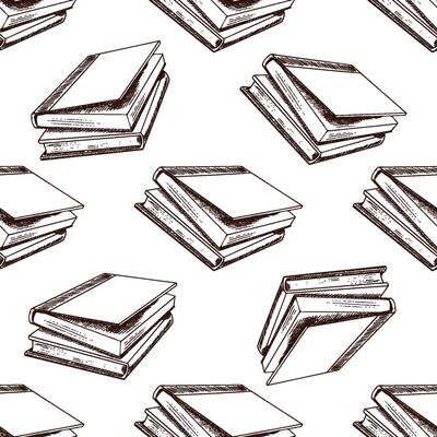 Seamless pattern with vintage sketch of stacked closed books in brown ink