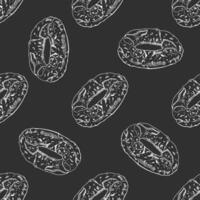 Hand drawn vintage seamless pattern of bagels with sesame seeds in engraving sketch style on chalkboard background vector