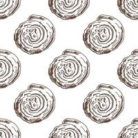 Hand drawn vintage seamless pattern of cinnamon rolls with icing in engraving sketch style in brown ink vector