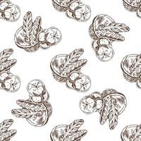 Hand drawn vintage seamless pattern of bread basket with baguettes and round buns in engraving sketch style vector
