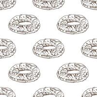 Hand drawn vintage seamless pattern of turkish simit bread ring in engraving sketch style in brown ink vector
