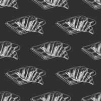Hand drawn vintage seamless pattern of croissant on newspaper in engraving sketch style on chalkboard background vector