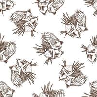 Hand drawn vintage seamless pattern of bread in basket with wheat ears in engraving sketch style vector