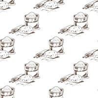 Hand-drawn seamless pattern of flour sack with dough and rolling pin in engraving sketch style vector