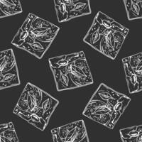 Hand drawn vintage seamless pattern of focaccia bread with herbs and olives in engraving sketch style on chalkboard background vector