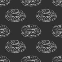 Hand drawn vintage seamless pattern of turkish simit bread ring in engraving sketch style on chalkboard background vector