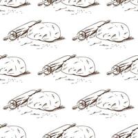Hand drawn vintage seamless pattern of dough with rolling pin in engraving sketch style in brown ink vector