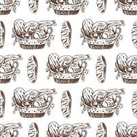 Hand drawn vintage seamless pattern of wicker basket filled with assorted bakery bread in engraving sketch style vector