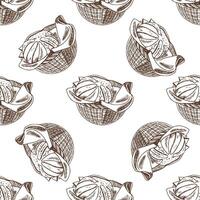 Hand drawn vintage seamless pattern of bakery bun in wicker basket with cloth in engraving sketch style vector