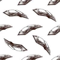 Vintage seamless pattern of open sketchbook and paper pages, hand drawn in classic brown ink engraving style vector