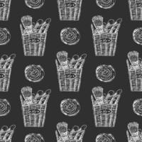 Hand drawn vintage seamless pattern of bakery basket with baguettes and wheat in engraving sketch style on chalkboard background vector