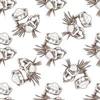 Hand drawn seamless pattern of flour sack with wheat spikes in engraving sketch style vector