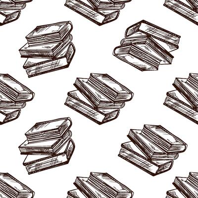 Hand drawn vintage seamless pattern of stacked closed books in brown ink, engraving style sketch illustration