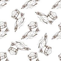 Hand-drawn vintage seamless pattern of flour sack with dough and rolling pin in sketch style vector