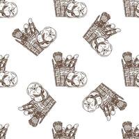Hand-drawn vintage seamless pattern of bread basket with baguettes, buns and wheat in engraving sketch style vector