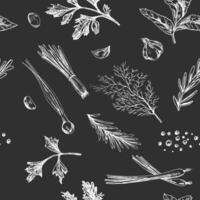 Hand drawn vintage sketch of herbs, scallions and garlic seamless pattern on chalkboard background vector