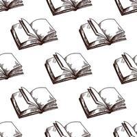 Hand drawn open books with blank pages seamless pattern, vintage brown engraving style on white background vector