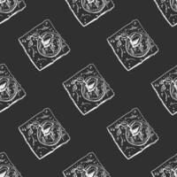 Hand drawn vintage seamless pattern of square cookies with jam filling in engraving sketch style on chalkboard background vector