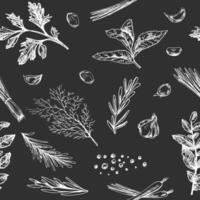 Hand drawn vintage sketch of cooking herbs and vegetables seamless pattern on chalkboard background vector