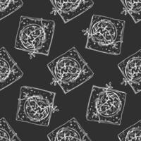 Hand drawn vintage seamless pattern of decorated jam cookies with herbs in engraving sketch style on chalkboard background vector