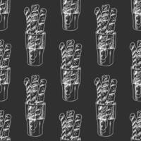 Hand drawn vintage seamless pattern of grissini breadsticks in glass cup in engraving sketch style on chalkboard background vector