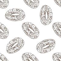 Hand drawn vintage seamless pattern of bagels with sesame seeds in engraving sketch style in brown ink vector