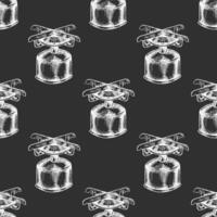 Hand drawn vintage sketch of portable gas stove seamless pattern in white color on chalkboard background vector