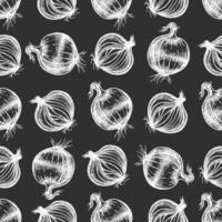 Hand drawn vintage sketch of whole and sliced onion seamless pattern in white on chalkboard background vector