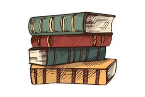 Hand drawn sketch of colorful stack of classic closed books in engraving style, isolated illustration vector