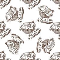 Hand drawn vintage seamless pattern of bread loaf and bun in basket in engraving sketch style vector