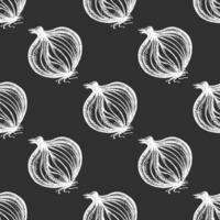 Hand drawn vintage sketch of sliced onion seamless pattern in white color on chalkboard background vector