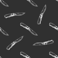 Hand drawn vintage sketch of folding pocket knife seamless pattern in white color on chalkboard background vector