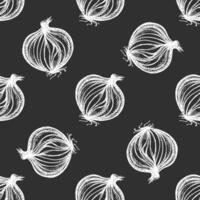 Hand drawn vintage sketch seamless pattern of sliced onion bulbs in, brown ink vector