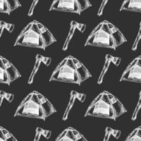 Hand drawn vintage sketch of camping axe and tent seamless pattern in white on chalkboard background vector