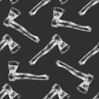 Hand-drawn vintage sketch of axe seamless pattern in white on chalkboard background vector