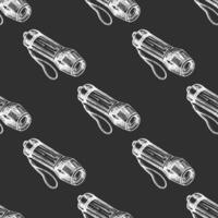 Hand-drawn vintage sketch of flashlight seamless pattern in white on chalkboard background vector