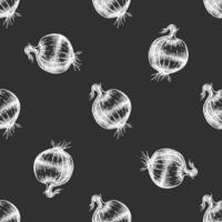 Hand drawn vintage sketch of onion bulb seamless pattern in white color on chalkboard background vector