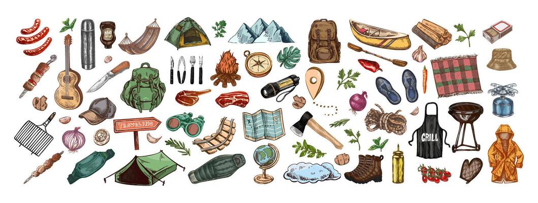 Hand drawn vintage sketch of colorful camping and barbecue equipment set with hiking food and travel gear