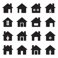 A clean black silhouette set of home icons on a white background, featuring various house shapes and rooflines in a simple, modern, and minimalistic design vector