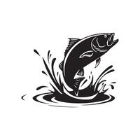 A jumping fish silhouette, capturing its arched leap and sleek form, gainst a white background, symbolizing vitality and aquatic grace. vector