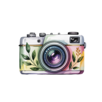 A vintage camera is decorated with colorful patterns and leafy designs, adding a whimsical touch. cutouts png