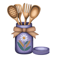 A set of wooden kitchen utensils is neatly arranged in a purple jar adorned with a floral design and a checkered bow. cutouts png